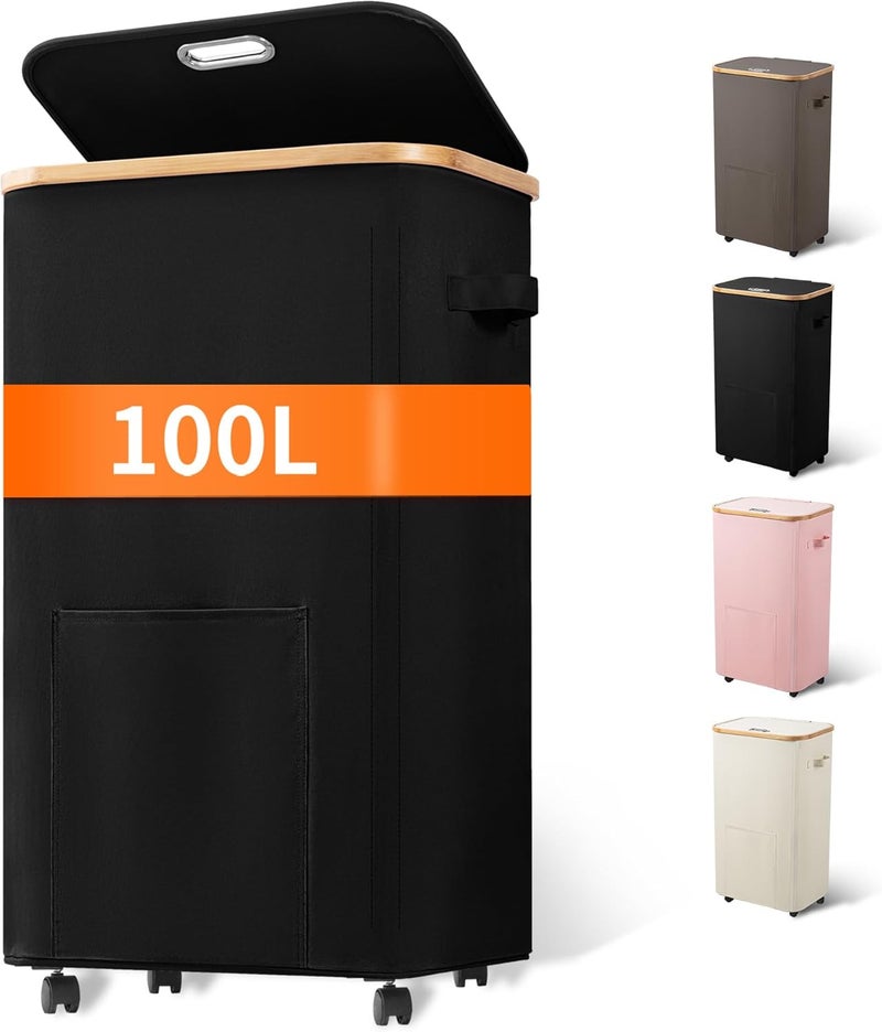 Vincona Laundry Basket with Wheels, Tall Dirty Clothes Hamper on Wheels, Rolling Laundry Hamper with lid for Dorm, Bedroom and Bathroom (Black, 100L) - Image 1